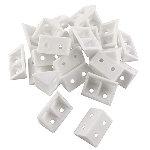 24pcs 20x32mm White L Shape Bracket Plastic Furniture Corner Brace Joint with Color Plated Self-Tapping Screw for Right Angle Corner Joints of Drawers, Windows, Frames, Cabinet