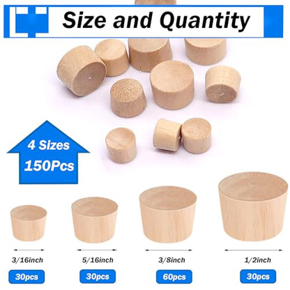 smseace 150Pcs 4-Sizes Wood Plugs 3/16" 5/16"，3/8"，1/2" Wooden Hole Plugs for Holes in Furniture/Table and Chair Legs/Cabinet Reserved Holes/Outdoor Equipment Wood Plugs Assortment Kit - style: Round Wood Plugs