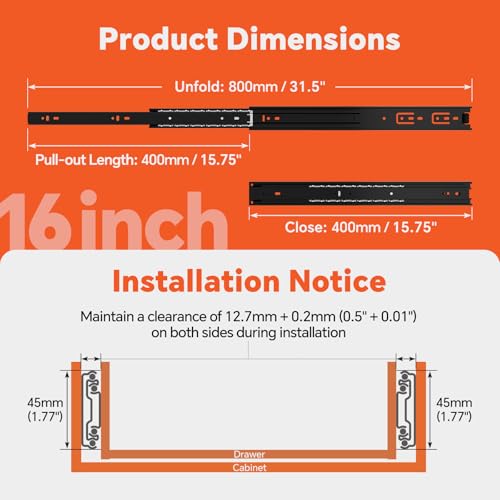 ToBeGreat 1 Pair Side Mount Drawer Slides Rails 16 Inch 100 LB Load Capacity, Full Extension Ball Bearing Metal Replacement Dresser Runners Cabinet Trash Can Slider Kitchen Glides (Black,406.4mm) - color: Black-1 pair, size: 16 Inch