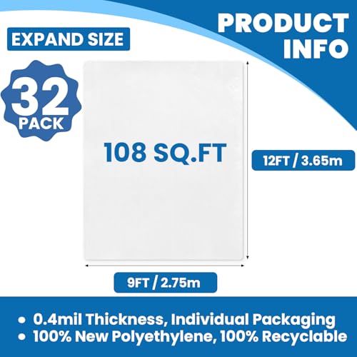 32 Pack Plastic Drop Cloth, 9 x 12 Feet Plastic Sheeting, Painter's Sheeting & Tarps for Painting, Dustproof Painters Plastics Tarp for Furniture Cover - color: 32p