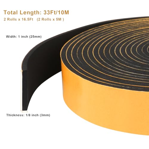 Weather Stripping High Density, Soundproof Door Seal Strips, 1 in x 1/8 in Weatherproof Foam Insulation Tapes for Windows Sliding Doors, Easy Cut to Size, 2 Rolls Total 33Ft