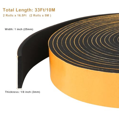 Weather Stripping High Density, Soundproof Door Seal Strips, 1 in x 1/8 in Weatherproof Foam Insulation Tapes for Windows Sliding Doors, Easy Cut to Size, 2 Rolls Total 33Ft