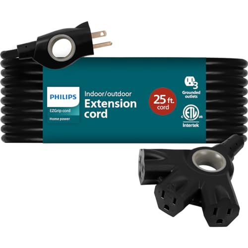 Philips EZGrip Outdoor Extension Cord with Multiple Outlets, Grounded 3 Prong Cord, Long Extension Cord Indoor with Multiple Outlets, Heavy Duty Extension Cord, 25 Ft, 16 AWG, Black, SPC3253ZB/37-T1 - color: Black, size: 25 Ft, style: 3-Outlet