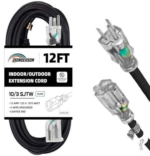 Indoor Outdoor Extension Cord Weatherproof with Lighted End, UL Certified, 10 Gauge 12FT Black 3 Prong Heavy Duty, 10/3 SJTW 15A Power Cord for Outdoor Lights, Lawn - size: 12FT, style: 10/3