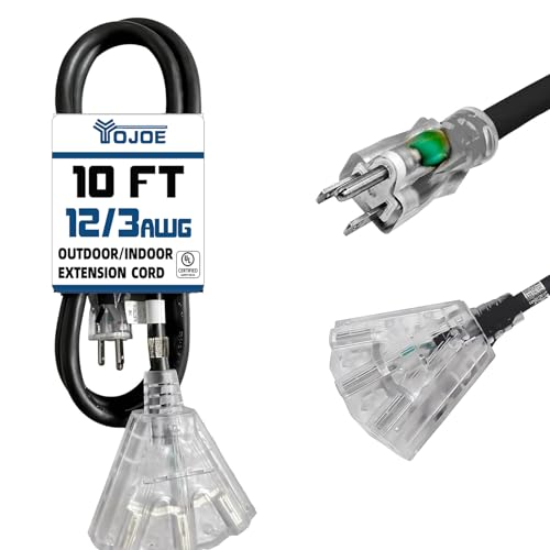 YOJOE 3-Outlets Indoor Outdoor Extension Cord with Lighted End, 3 Prong 15A Weatherproof Power Cord, 12 Gauge Heavy Duty 10 ft Black Extension Cord Multiple Outlets, 12/3 SJTW UL Listed - color: Black, size: 10 Foot