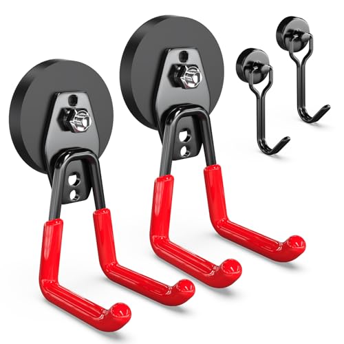 3-H Extra Strong Magnetic Hooks,Heavy Duty Large Anti-Slip Magnet Hooks,No-Drill Tool Holder for Garage,Power Drill,Garden Tools,Hose Storage,2 Pack Red - color: Red, size: 2.6"x2-su