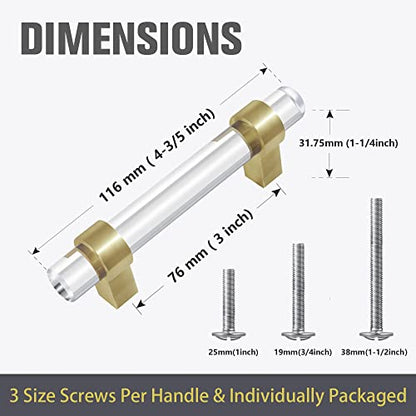 Clear Glass Crystal Gold Drawer Pulls 3 Inch, Brushed Brass Cabinet Pulls Drawer Handles (76mm, 5 Pack) - color: Brushed Gold, size: Hole Center : 3 Inch (76mm), style: 5 Pack