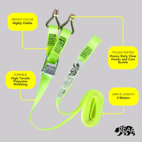BearTOOLS 3 Meter Hi-Vis Ladder Strap C/W Cam Lock - Ladder Straps for Safety - Cam Lock Connector, Stabiliser for Work Ladders - Avoid Slips & Accidents When Working At Height - size: HVLS-WH-3-hooks