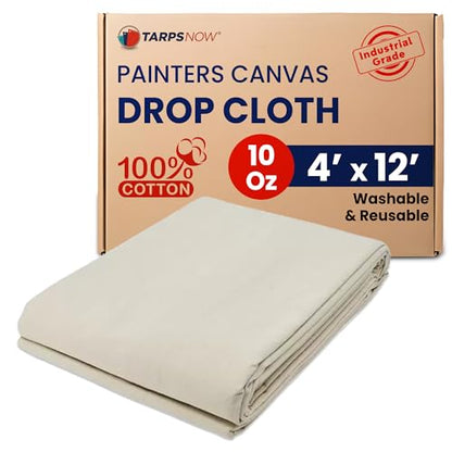 Tarps Now 4x12 ft Premium Heavy Duty Canvas Drop Cloth for Painting - Reusable Painter Tarp, 100% Cotton Fabric Floor Cover & Furniture Protection, Washable Paint Drop Cloth - size: 4' X 12'