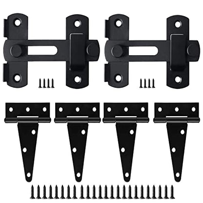 Barn Gate Latch Door Tee Hinge Hardware Kit, 2 Pack Barn Flip Latch Lock and 4 Pack 4inch T-Strap Gate Hinges,Black Finish Gate for Wood Vinyl Fence Gate Shed Door,Farm,Garden，Gate,Closet Door