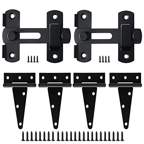 Barn Gate Latch Door Tee Hinge Hardware Kit, 2 Pack Barn Flip Latch Lock and 4 Pack 4inch T-Strap Gate Hinges,Black Finish Gate for Wood Vinyl Fence Gate Shed Door,Farm,Garden，Gate,Closet Door