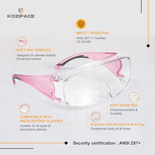 Koziface Safety Glasses for Men and Women White Blue Pink Over Eye Glasses Prescription Anti Fog Clear Lens Side Shields C31 - color: Pink