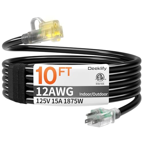 12awg 10 FT Heavy Duty Outdoor Extension Cord Waterproof with Lighted End,Black 12 Gauge Extension Cord Flexible and Cold Resistant 3 Prong Grounded Plug,15Amp 1875W SJTW ETL Listed - size: 10ft-1pc