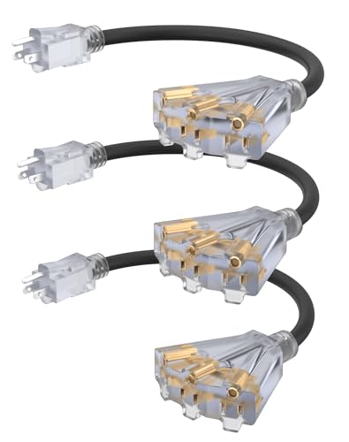 2FT 12 Gauge Outdoor Extension Cord with 3-Outlets, 3Pack, Heavy Duty 3 Prong Extension Cord Waterproof with Lighted end, 15A 12AWG 1875W SJTW, ETL Listed, Black - color: Black, size: 2FT 3PACK