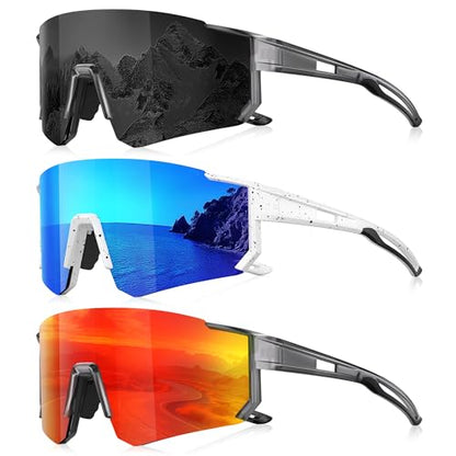 3 Pack Polarized Sunglasses for Men Women, Sports Mens Sunglasses with UV Protection for Baseball Cycling Running - color: A01-gray/Ice Blue/Red