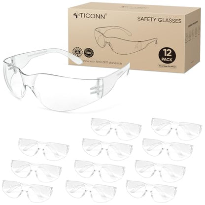 TICONN Clear Safety Glasses for Men and Women, Safety Goggles with Scratch Impact Resistant Meets ANSI Z87.1 Standard - style: 12 Pairs