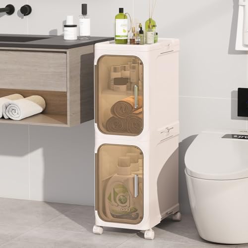 KHNR 2-Tiers Slim Bathroom Storage Cabinet, Foldable Storage Cabinets,Narrow Bathroom Storage,Movable Bathroom Storage Organizer for Small Spaces,Bathroom,Kitchen,Laundry,Cream White - color: Cream White, size: 2-Tiers