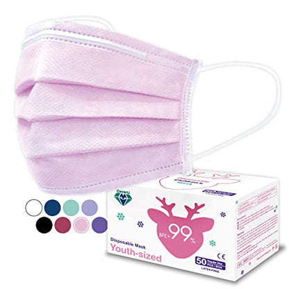 Medtecs Kids Face Mask Disposable - 2 Sizes Option (Child/Youth) 50 PCs - Comfy 3-Ply Breathable Children Masks, The Better Choice - Youth | Pink - color: 09. Pink, size: Youth - 50 PC