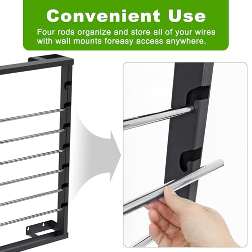 SELEWARE Heavy Duty Wall-Mounted Wire Spool Rack – Cable Reel Holder and Dispenser with 6 Adjustable Stainless Steel Rods for Industrial, Electrical, and Retail Storage and Display (Black) - color: C: Black Wall Mounted Wire Spool Rack (6 Rods)