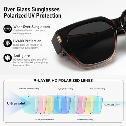 HAOLOTA Polarized Fit Over Glasses Sunglasses for Women Men Trendy Square Wrap Around Shades UV Protection - color: L Size 11 Gradient-brown/Grey