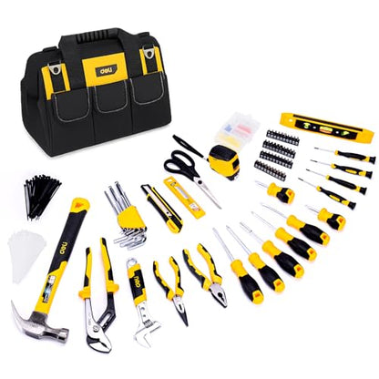 DELI 355-Piece Home Tool Set, Household Repairing Tool Kit with 14-Inch Wide Mouth Open Storage Tool Bag, Yellow
