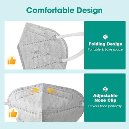 LEMENT KN95 Face Masks,100 Pack Breathable Cup Dust Disposable Masks For Adults,Grey - color: Adult-100 Pack-grey