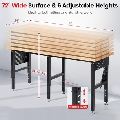 ENJOYWOOD 72" x 24" Heavy Duty Workbench Adjustable Height Garage Work Table with Solid Rubberwood Top, Extended Pegboards & Power Outlets for Workshop, Home & Office - size: 72 Inch