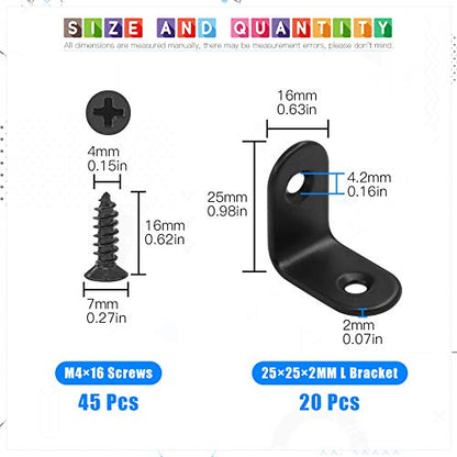 Glarks 20 Set 25mm Black L Bracket Right Angle Corner Brace Joint Fastener for Wood Chair Bookshelf Board Window Furniture Cabinet (25x25x2mm) - size: 25x25x2mm