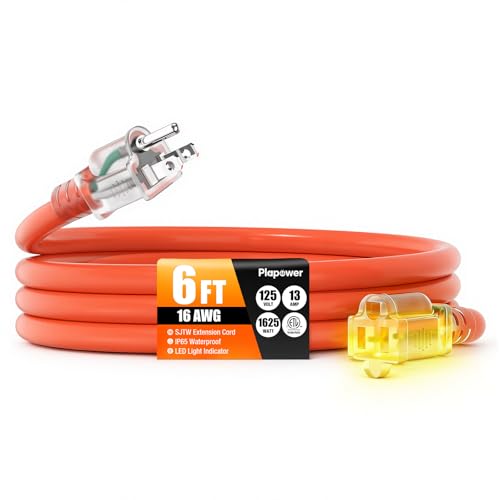 6 FT Outdoor Extension Cord Waterproof, 16/3 Gauge Heavy Duty 3 Prong Power Cord with Lighted Indicator End, 13A 125V 1625W SJTW, ETL Listed, Great for Lawn/Garden/Home(Oragne) - color: Orange, size: 6 FT