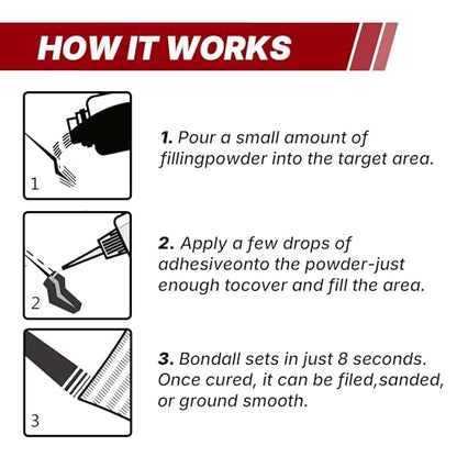 BONDALL Instant Bonding Adhesive Repair Kit, 4PC Set with (2) Super Glue Bottles, Plastic & Metal Reinforcing Powders (Black & Grey), Strong Waterproof Adhesive. (BONDALL - 1 Pack) 36118