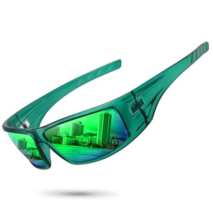 Polarized Sports Sunglasses for Men Women Unbreakable Frame Cycling Fishing Wrap Around Sunglasses UV400 Protection - color: 1-clear Green Frame/Green Mirror Lens