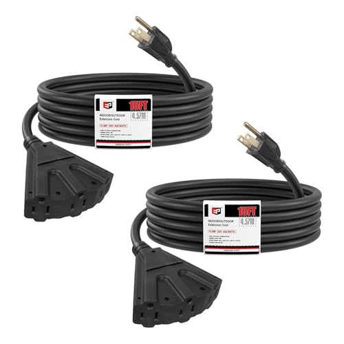 EP 15 Ft 16 Gauge Blackn Indoor Outdoor Extension Cord with 3 Outlets, 13A 1625W 125V, 16/3 SJTW Power Cord, 3 Prong Grounded Plug for Lights, Garden and Major Appliances, ETL Listed, 2Pk - color: Black, size: 15ft-2PK