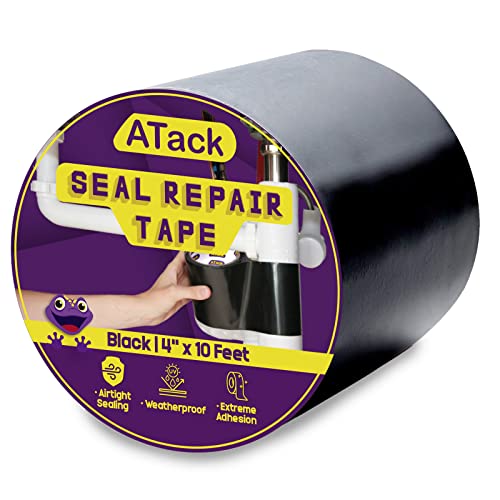 ATack Waterproof Patch and Seal Tape, Black, 4 Inches x 10 Feet, Water Barrier Tape for Stop Leak Repair on Pipes, Chimney, Roof, Boat, and HVAC - color: Black