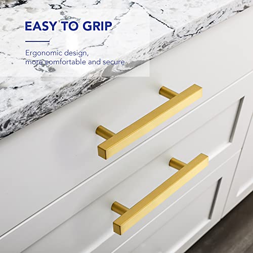 10 Pack Brushed Brass Cabinet Handles with 3-3/4 Inch (96 mm) Hole Center, Square Kitchen Hardware for Cabinets & Drawers, Stainless Steel Pulls, 6 Inch Overall Length - color: Brushed Brass Square T-Shaped, size: 3-3/4" Hole Center