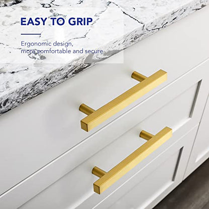 10 Pack Brushed Brass Cabinet Handles with 3-3/4 Inch (96 mm) Hole Center, Square Kitchen Hardware for Cabinets & Drawers, Stainless Steel Pulls, 6 Inch Overall Length - color: Brushed Brass Square T-Shaped, size: 3-3/4" Hole Center