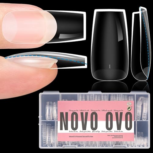 NOVO OVO Extra Thick Square Nail Tips Press on Natural Curve, Medium Soak Off Soft Gel Fake Nail Extension, Full Cover Matte Cuticle False Nails for Acrylic French, Salon DIY x 14 Sizes 336 pcs - color: Medium Square Extra Thick