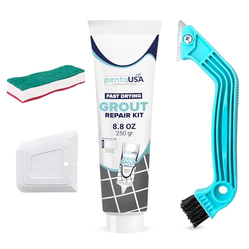 PentaUSA Tile Grout Repair Kit with Removal Tool - Premixed Acrylic Sanded Grout Filler for Bathroom, Shower, and Kitchen, Includes Applicator Spatula, and Sponge - White (8.8oz / 250g) - style: White
