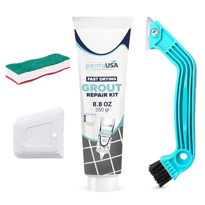 PentaUSA Tile Grout Repair Kit with Removal Tool - Premixed Acrylic Sanded Grout Filler for Bathroom, Shower, and Kitchen, Includes Applicator Spatula, and Sponge - White (8.8oz / 250g) - style: White