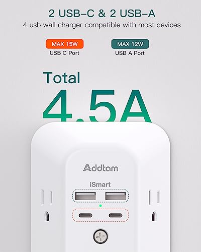 Addtam 5-Outlet Extender Surge Protector, Multi Plug Wall Outlet with 4 USB Wall Charger(2 USB C Ports), Outlet Splitter Power Strip for Home Office Dorm Room Essentials, Plug Extension Outlet 1800J - size: 2C2A