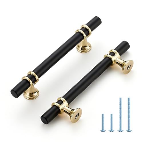 HOME EDIT Matte Black and Brushed Brass Cabinet Handles, 3-3/4 Inch Hole Center Modern T-Bar Drawer Pulls, Decorative Hardware for Cabinets, Dressers, and Drawers, 10 Pack - color: Brushed Brass and Matte Black, size: 3-3/4 Inch Hole Center