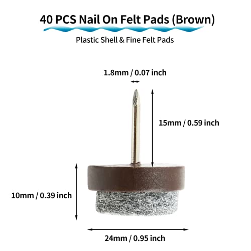40 PCS Nail On Felt Pads for Chair Legs, 24mm Furniture Glides Chair Feet Protectors, Nail Furniture Sliders Table Felt Feet Plastic Chair Glides for Wood Floors (Brown) - size: 24mm - Brown