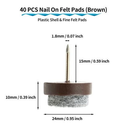 40 PCS Nail On Felt Pads for Chair Legs, 24mm Furniture Glides Chair Feet Protectors, Nail Furniture Sliders Table Felt Feet Plastic Chair Glides for Wood Floors (Brown) - size: 24mm - Brown