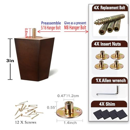 SHANJUE Wood Furniture Legs 3 Inch Set of 4, Square Brown Couch Legs Replacement, Mid Century Modern Sofa Legs with Anti Slip Couch Feet Pads for Dresser, Recliner and Coffee Table - size: 3 inches