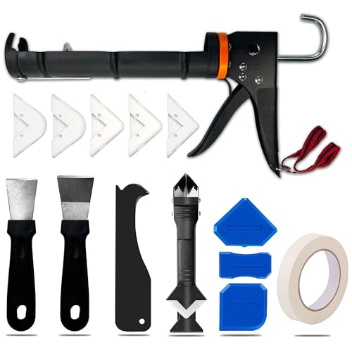 Rotatable Caulk Gun, Caulking Tool Kit and Caulk Remover,Sealant Finishing Tool Grout Scraper,Great Silicone Gun Tools for 10oz Caulk tubes, 8:1 Thrust Ratio