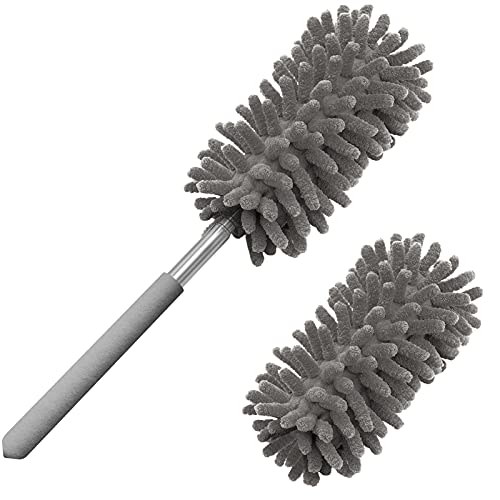 Microfiber Duster for Cleaning, Tukuos Hand Washable Dusters with 2pcs Replaceable Microfiber Head, Extendable Pole, Detachable Cleaning Brush Tool for Office, Car, Window, Furniture, Ceiling Fan - color: Gray, size: 2 Attachments