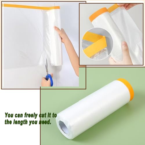 2 Rolls Pre-Taped Plastic Sheeting, 9.8ft x 65ft Clear Poly Drop Cloth with Masking Film for Painting, Furniture, Floor & Appliance Protection