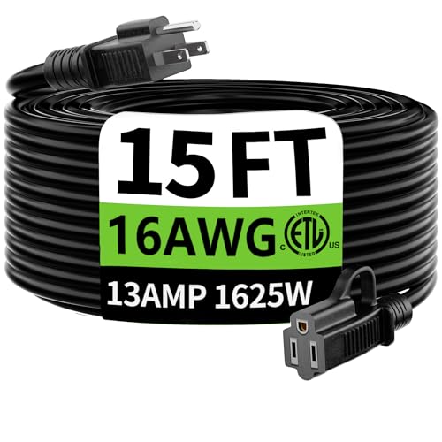 HUANCHAIN Indoor Outdoor Black Extension Cord 15 ft Waterproof, 16/3 Gauge Flexible Cold-Resistant Appliance Extension Cable Outside, 13A 1625W 16AWG SJTW, 3 Prong Electric Cord, ETL - color: Black, size: 15 Ft, style: 16/3 Extension Cord