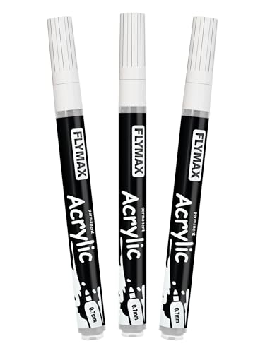 FLYMAX White Marker Paint Pens - Permanent Marker Pens White Acrylic Paint Water-Based 0.7mm Fine Tip Waterproof Quick-Drying (3 in 1Pack) - color: White