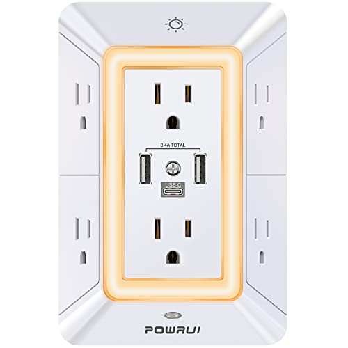 POWRUI Multi Plug 6 Outlet Surge Protector Extender with 3 USB Ports (1 USB C) and Night Light, 3-Sided Power Strip with Adapter Spaced Outlets, ETL Listed, White - color: White, size: 2U1C