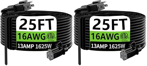 HUANCHAIN Indoor Outdoor Black Extension Cord 25 ft Waterproof, 16/3 Gauge Flexible Cold-Resistant Appliance Cable Outside, 13A 1625W 16AWG SJTW, 3 Prong Electric Cord, ETL (Pack of 2) - color: Black, size: 25 FT (Pack of 2), style: 16/3 Extension Cord